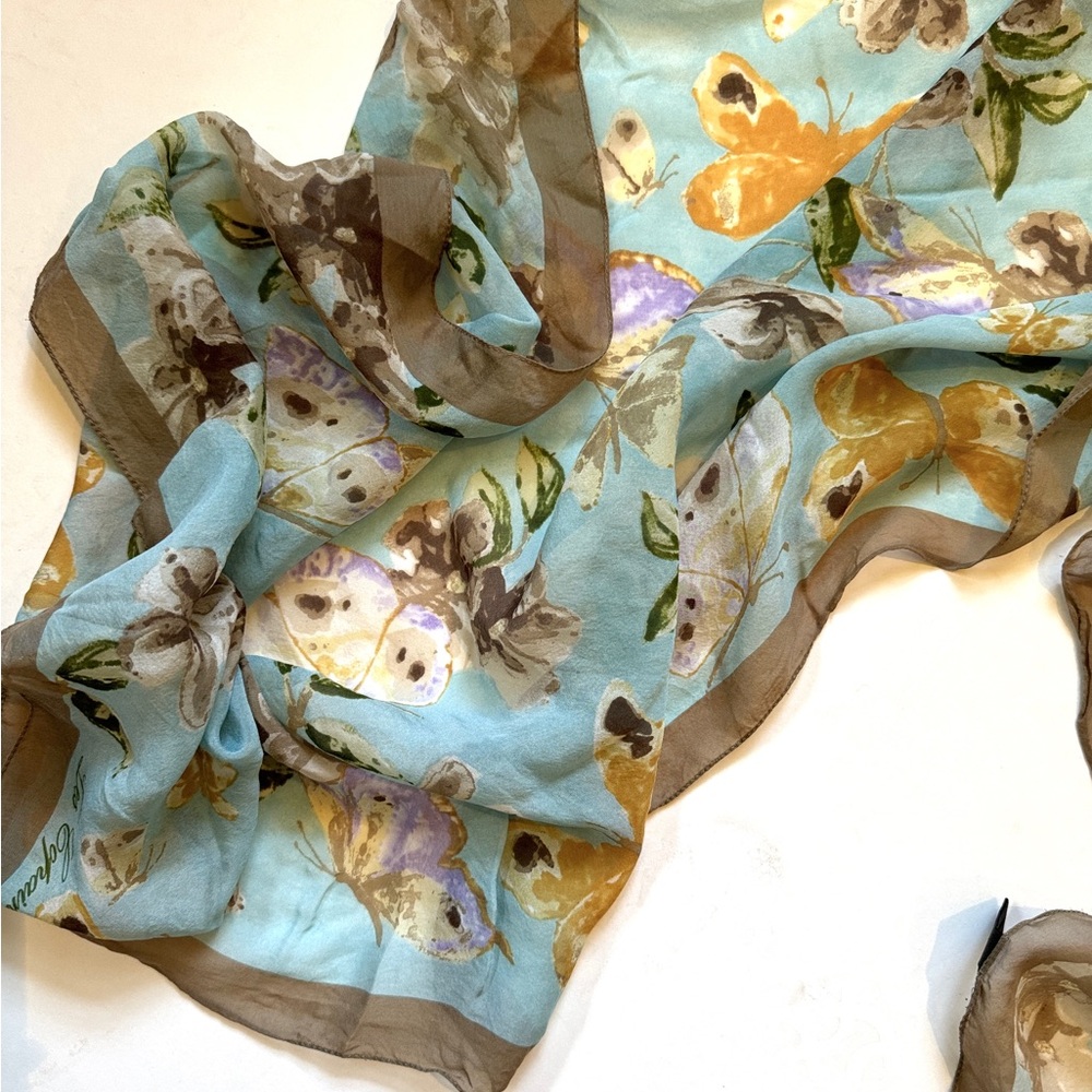 Les Copains long chiffon silk scarf / shawl, 58x20” butterflies